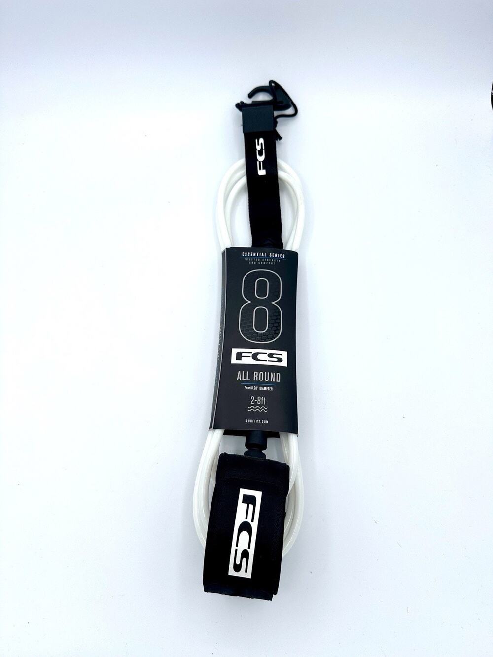 FCS 8’ ALL ROUND ESSENTIAL Surf Leash - White Black - 7mm/0.28" Diameter - NWT